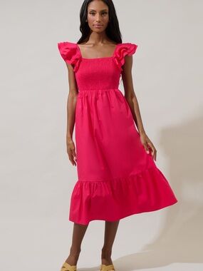 Avara Camden Smocked Bodice Ruffle Sleeve Midi Dress in Bright Pink XS